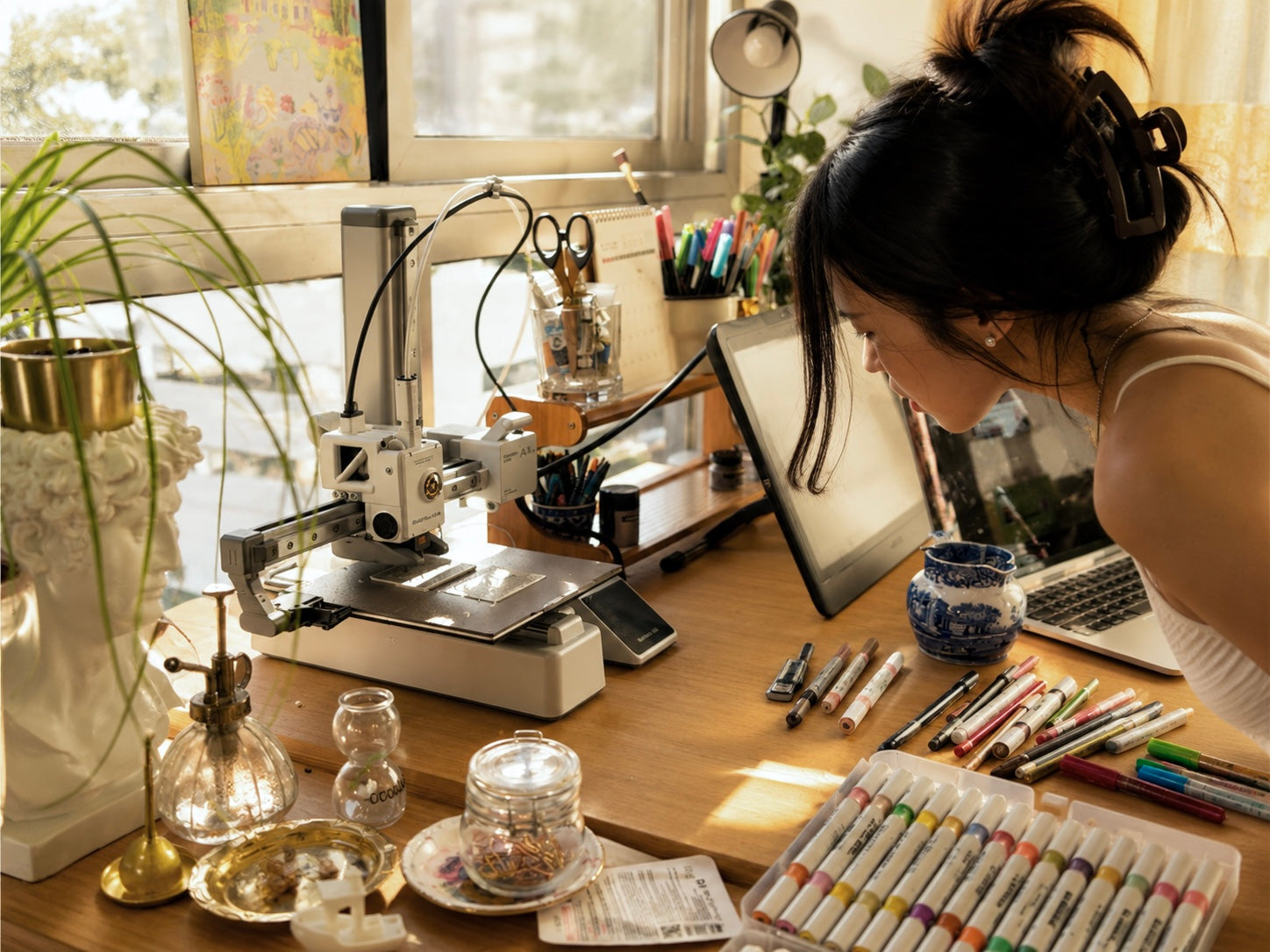 Amo at her desk with the printer and markers