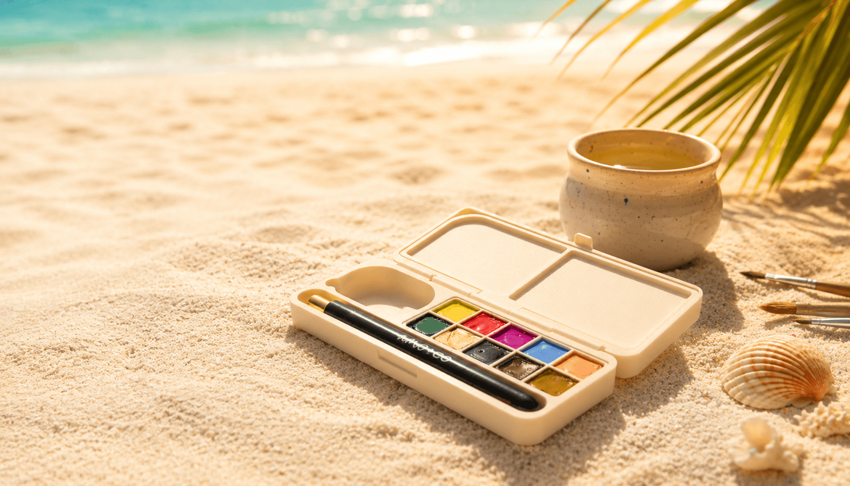 amo+co palette open on the beach with seashells and turquoise ocean