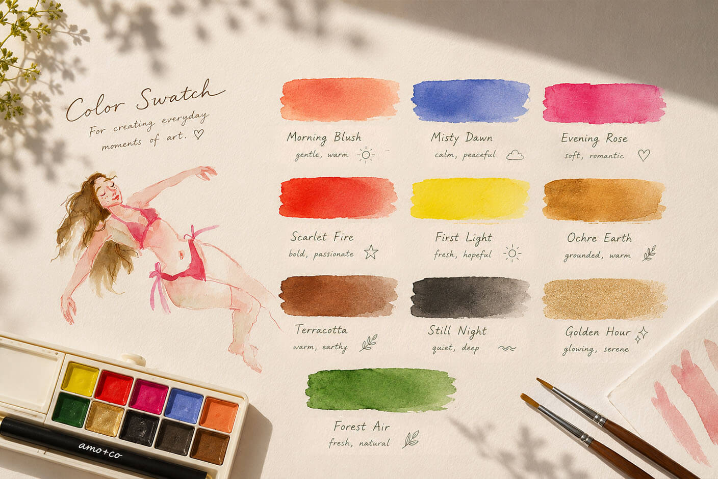 amo+co Color Swatch — all 10 watercolour paints