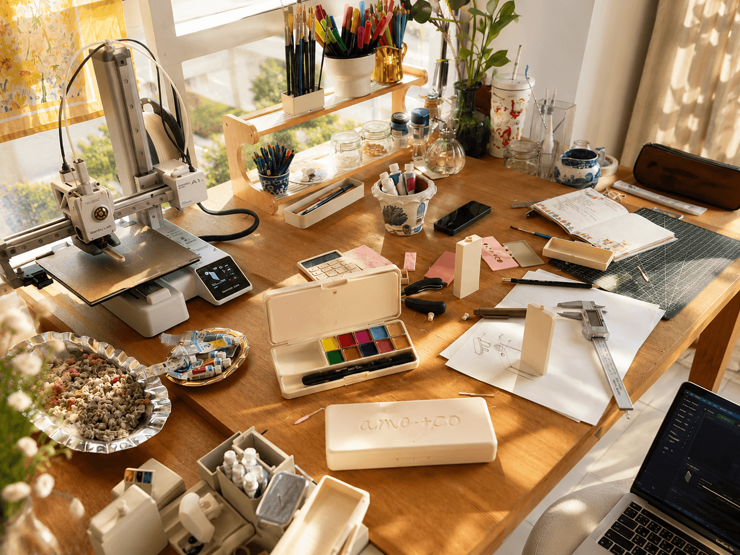 Studio desk from above with 3D printer, palette and supplies