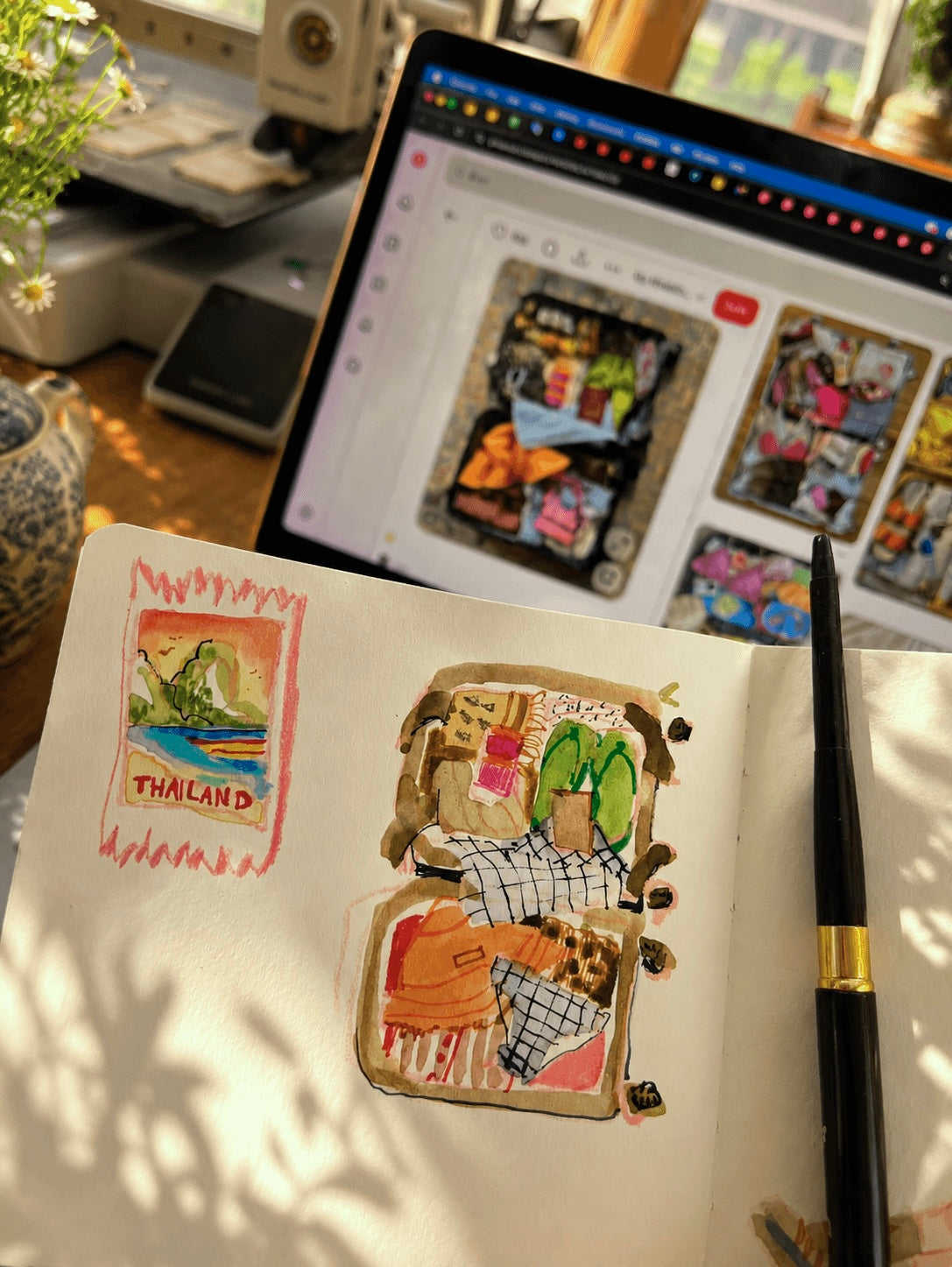 Sketchbook with beach essentials watercolour illustration