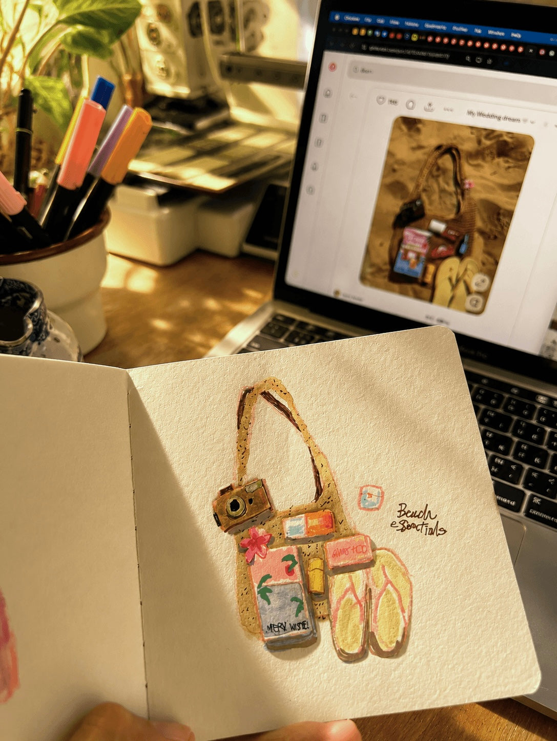 Sketchbook with colour swatch page and painted figure