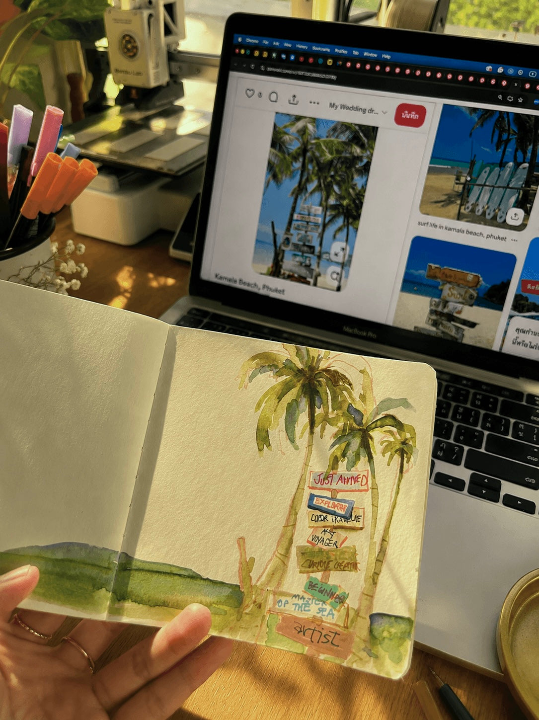 Kamala Beach Phuket watercolour with hand-painted signs