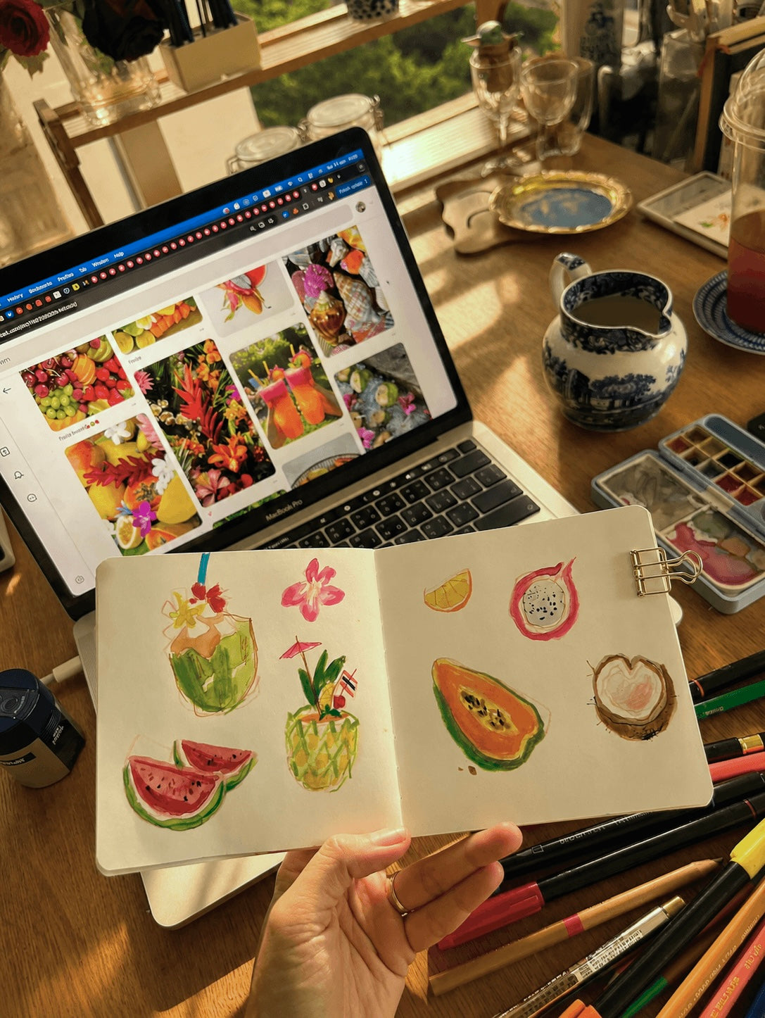 Watercolour tropical fruits — coconut, pineapple, dragonfruit