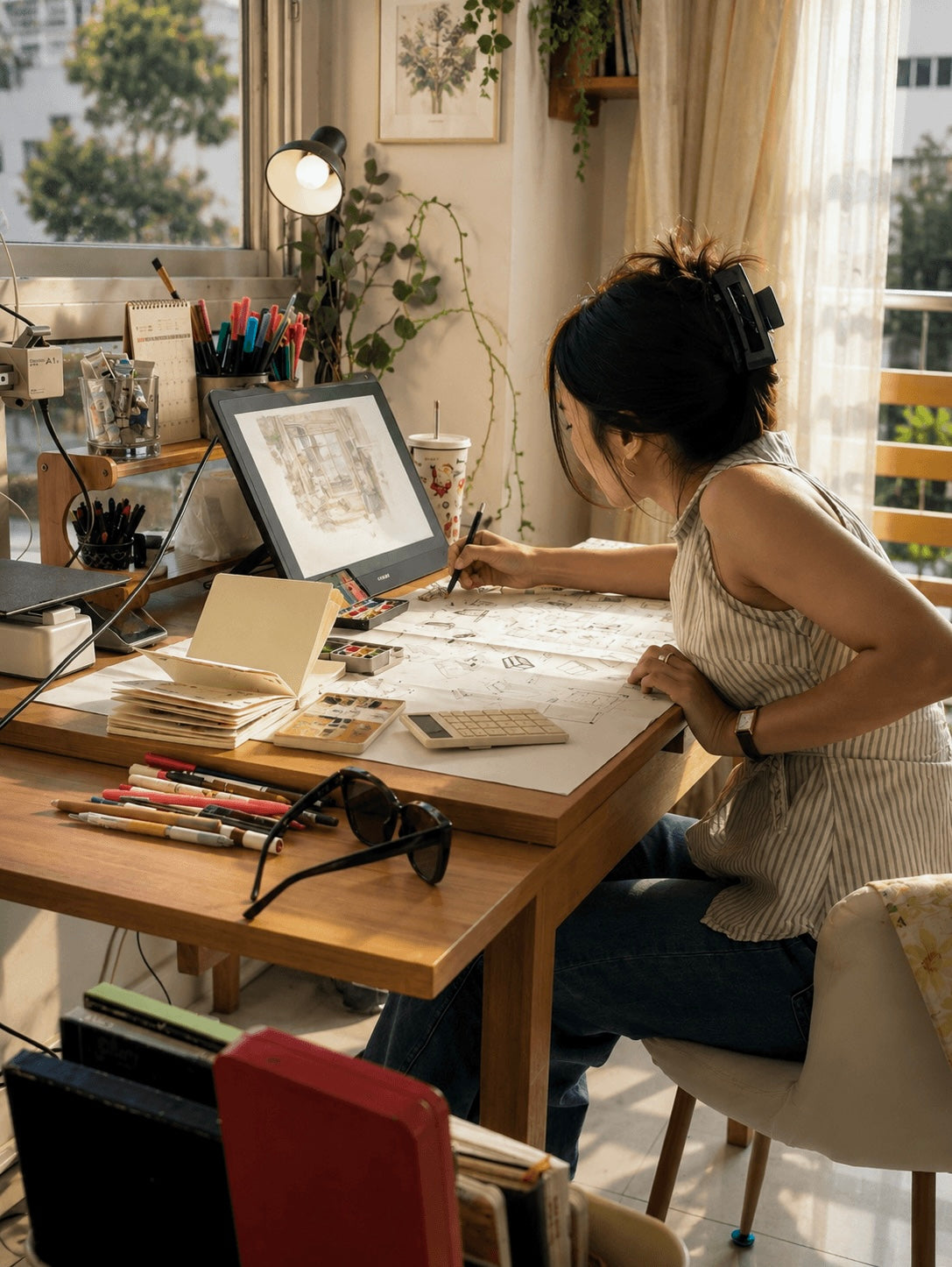 Amo sketching at her desk in warm golden light, drawing tablet glowing, pens and plants all around