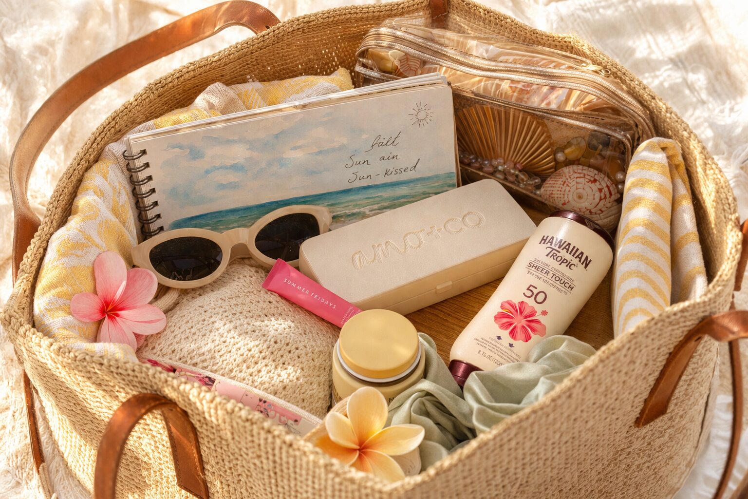 AMO+CO palette inside a beach bag with sunglasses, Hawaiian Tropic and plumeria flowers