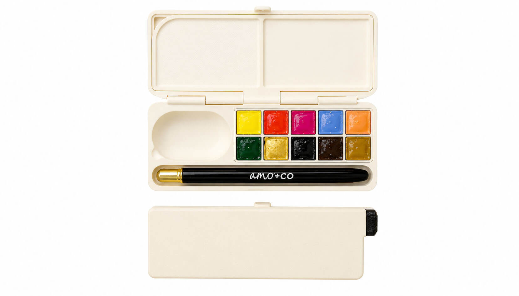 Everything inside the AMO+CO palette — colour pans, brush, water bottle, and mixing plate laid out flat